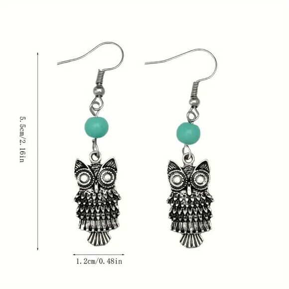 Boho Turquoise Owl Dangle Earrings - Picture 4 of 8